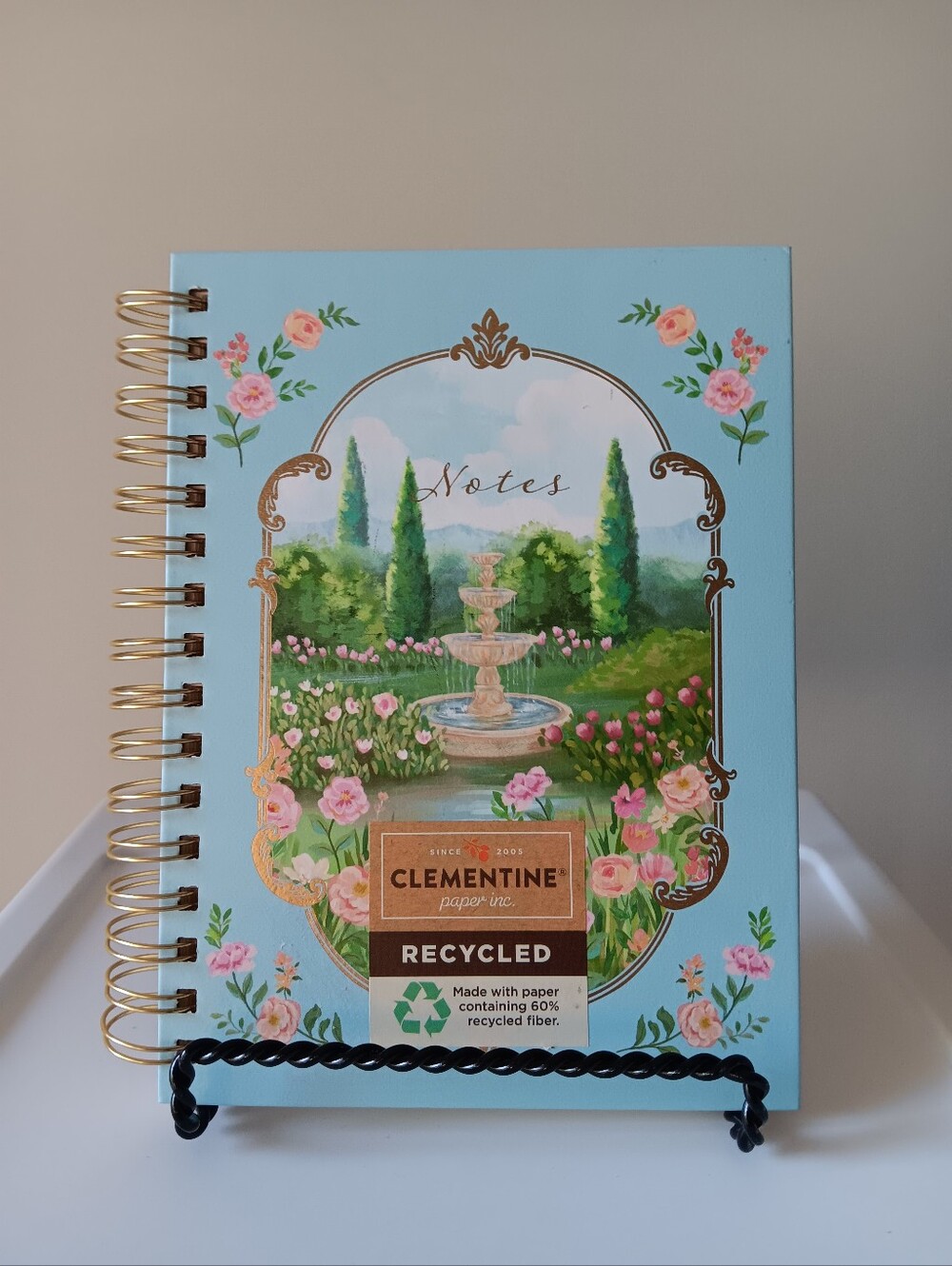 Clementine Fountain Roses Cypress Trees Frame Spiral Bound Journal Blue Gold 8.5